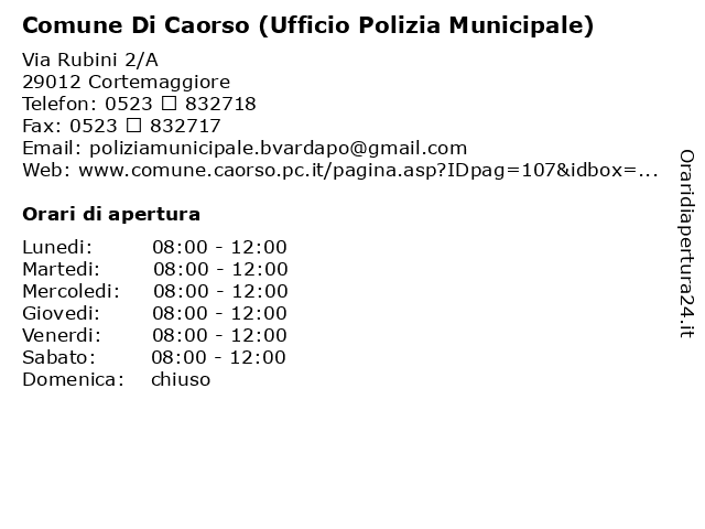Comune Di Caorso (Ufficio Polizia Municipale) a Cortemaggiore: indirizzo e orari di apertura
