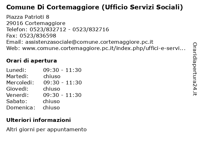 Comune Di Cortemaggiore (Ufficio Servizi Sociali) a Cortemaggiore: indirizzo e orari di apertura