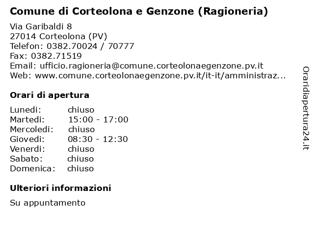 Comune di Corteolona e Genzone (Ragioneria) a Corteolona (PV): indirizzo e orari di apertura