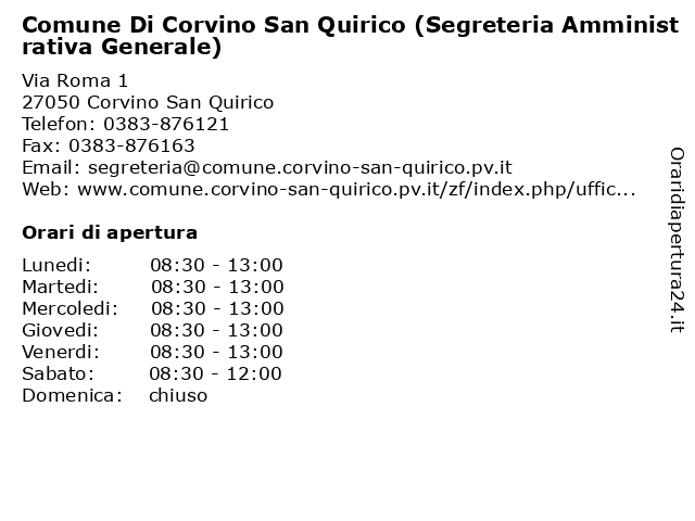 Comune Di Corvino San Quirico (Segreteria Amministrativa Generale) a Corvino San Quirico: indirizzo e orari di apertura