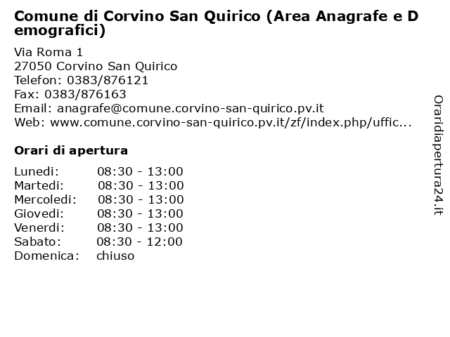 Comune di Corvino San Quirico (Area Anagrafe e Demografici) a Corvino San Quirico: indirizzo e orari di apertura