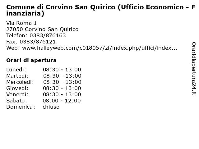 Comune di Corvino San Quirico (Ufficio Economico - Finanziaria) a Corvino San Quirico: indirizzo e orari di apertura