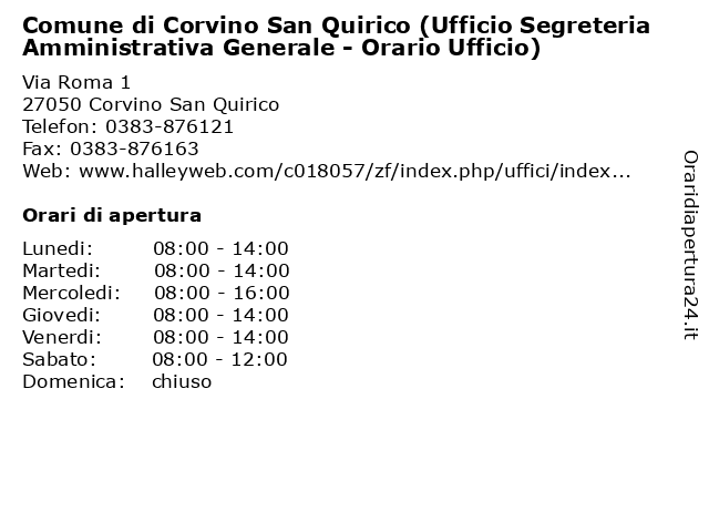 Comune di Corvino San Quirico (Ufficio Segreteria Amministrativa Generale - Orario Ufficio) a Corvino San Quirico: indirizzo e orari di apertura