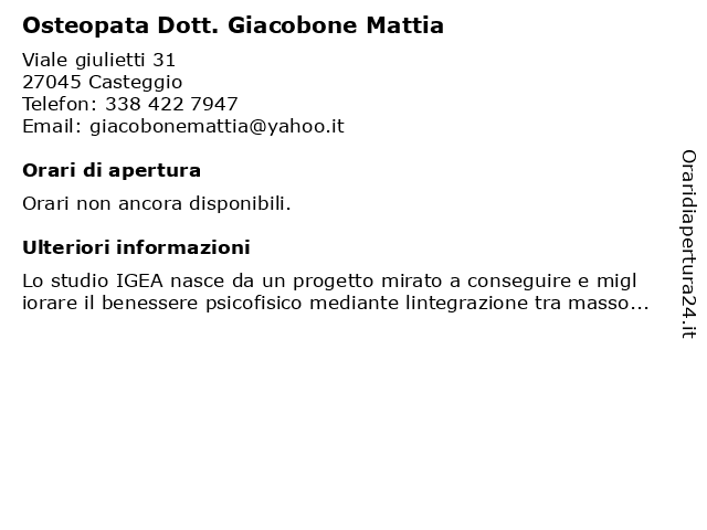 Osteopata Dott. Giacobone Mattia a Corvino San Quirico: indirizzo e orari di apertura