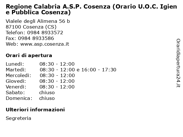 Regione Calabria A.S.P. Cosenza (Orario U.O.C. Igiene Pubblica Cosenza) a Cosenza (CS): indirizzo e orari di apertura