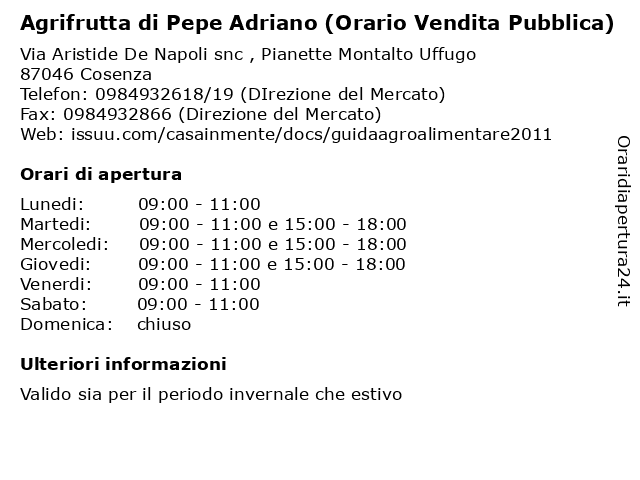 Agrifrutta di Pepe Adriano (Orario Vendita Pubblica) a Cosenza: indirizzo e orari di apertura
