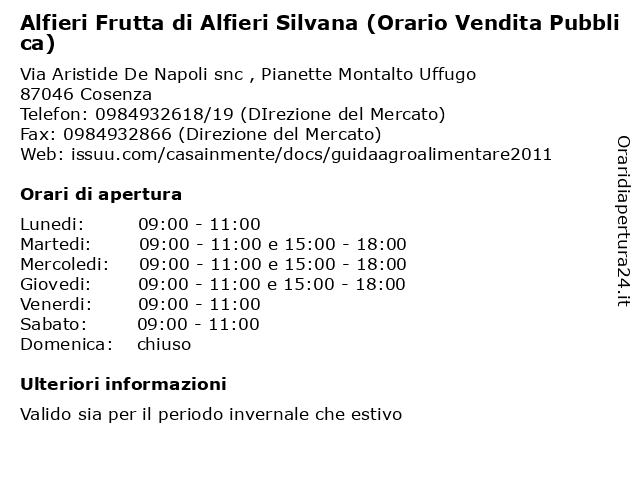 Alfieri Frutta di Alfieri Silvana (Orario Vendita Pubblica) a Cosenza: indirizzo e orari di apertura