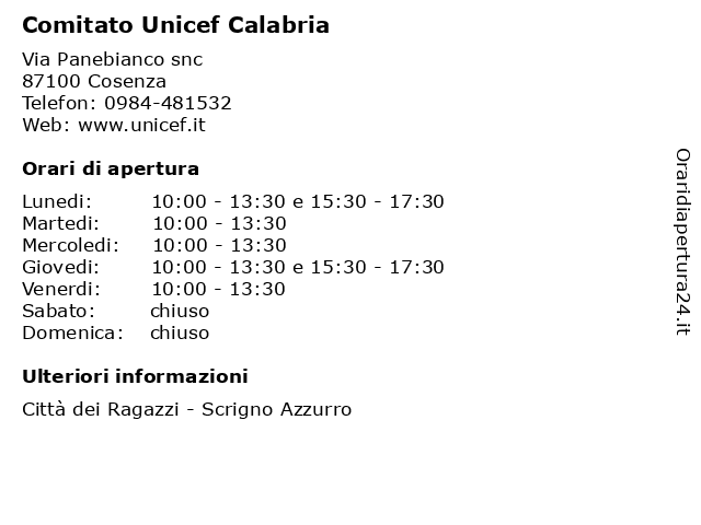 Comitato Unicef Calabria a Cosenza: indirizzo e orari di apertura