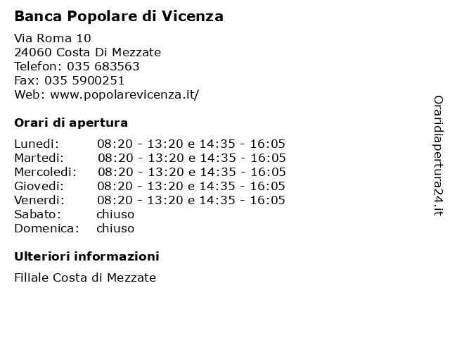 Banca Popolare di Vicenza a Costa Di Mezzate: indirizzo e orari di apertura
