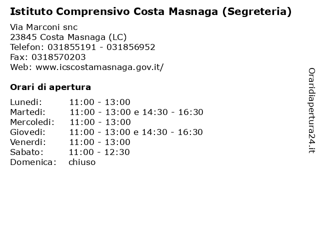 Istituto Comprensivo Costa Masnaga (Segreteria) a Costa Masnaga (LC): indirizzo e orari di apertura