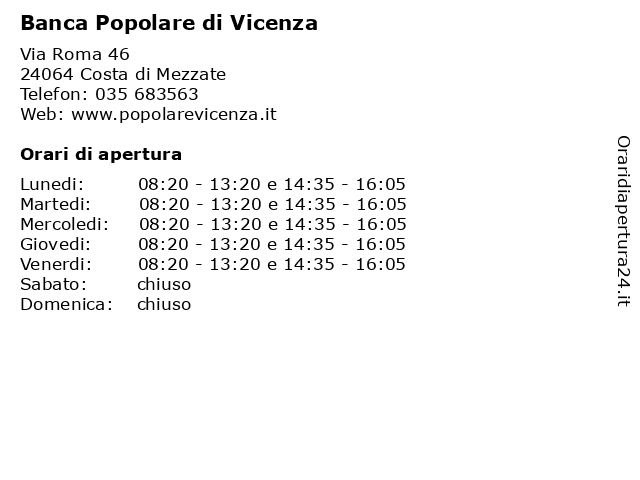 Banca Popolare di Vicenza a Costa di Mezzate: indirizzo e orari di apertura