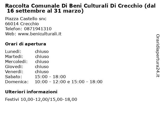 Raccolta Comunale Di Beni Culturali Di Crecchio (dal 16 settembre al 31 marzo) a Crecchio: indirizzo e orari di apertura