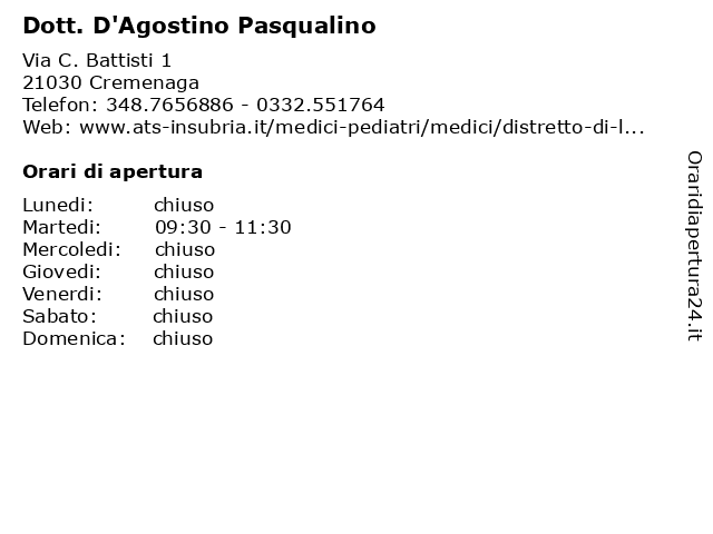 Dott. D'Agostino Pasqualino a Cremenaga: indirizzo e orari di apertura