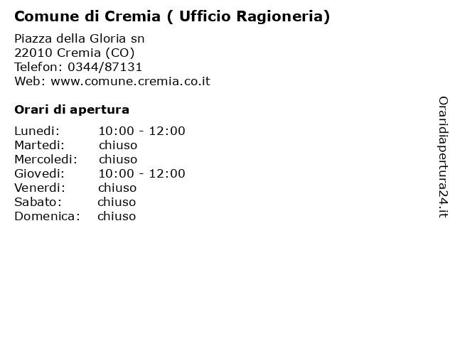 Comune di Cremia ( Ufficio Ragioneria) a Cremia (CO): indirizzo e orari di apertura