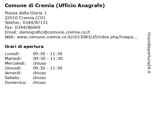 Comune di Cremia (Ufficio Anagrafe) a Cremia (CO): indirizzo e orari di apertura