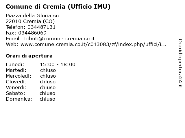 Comune di Cremia (Ufficio IMU) a Cremia (CO): indirizzo e orari di apertura