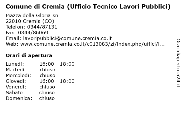 Comune di Cremia (Ufficio Tecnico Lavori Pubblici) a Cremia (CO): indirizzo e orari di apertura