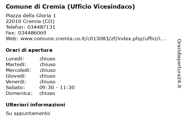 Comune di Cremia (Ufficio Vicesindaco) a Cremia (CO): indirizzo e orari di apertura
