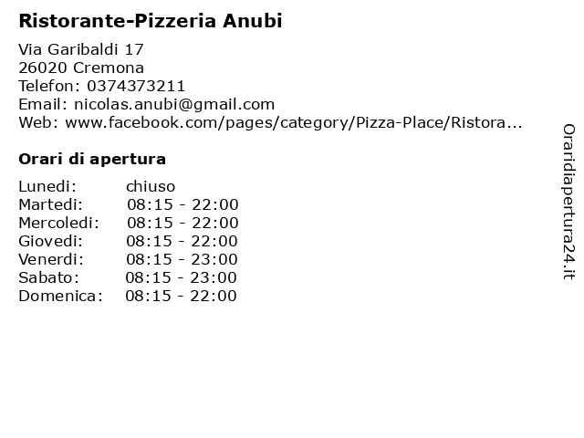 Ristorante-Pizzeria Anubi a Cremona: indirizzo e orari di apertura