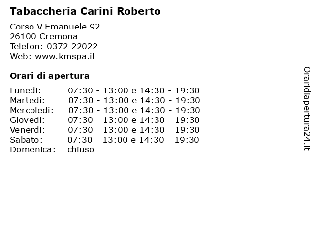 Tabaccheria Carini Roberto a Cremona: indirizzo e orari di apertura