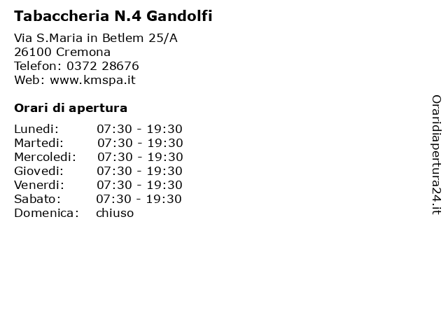 Tabaccheria N.4 Gandolfi a Cremona: indirizzo e orari di apertura