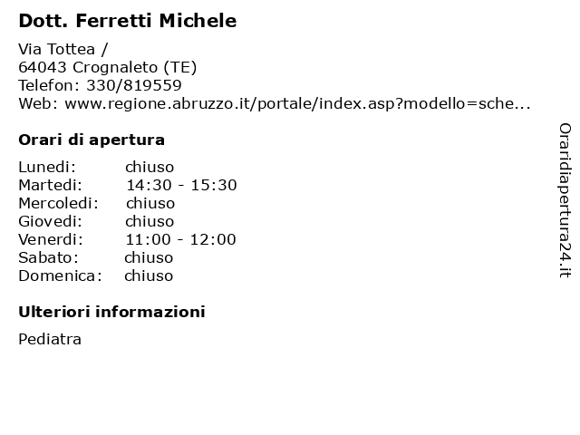 Dott. Ferretti Michele a Crognaleto (TE): indirizzo e orari di apertura