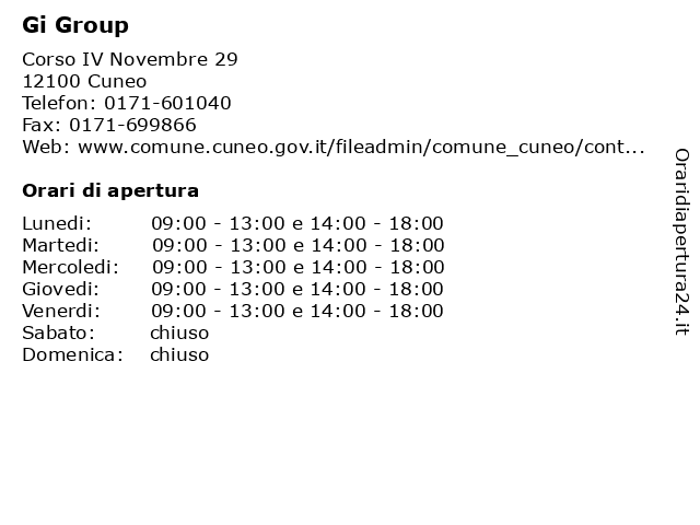 ᐅ Orari Gi Group Corso Iv Novembre 29 12100 Cuneo