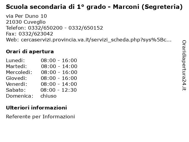 Scuola secondaria di 1° grado - Marconi (Segreteria) a Cuveglio: indirizzo e orari di apertura