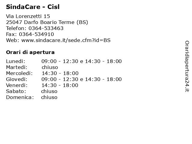 SindaCare - Cisl a Darfo Boario Terme (BS): indirizzo e orari di apertura