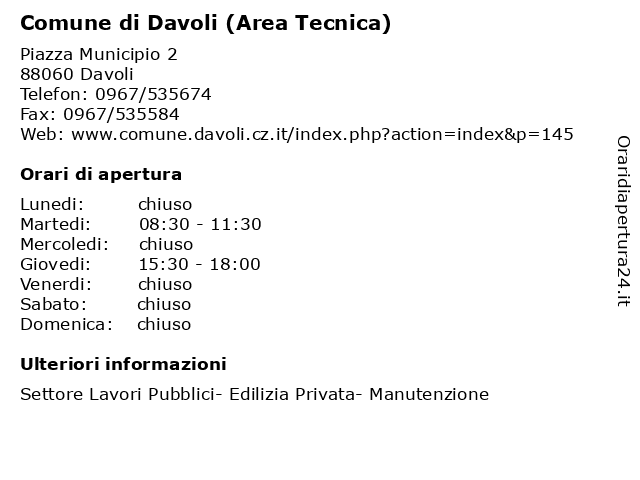 Comune di Davoli (Area Tecnica) a Davoli: indirizzo e orari di apertura