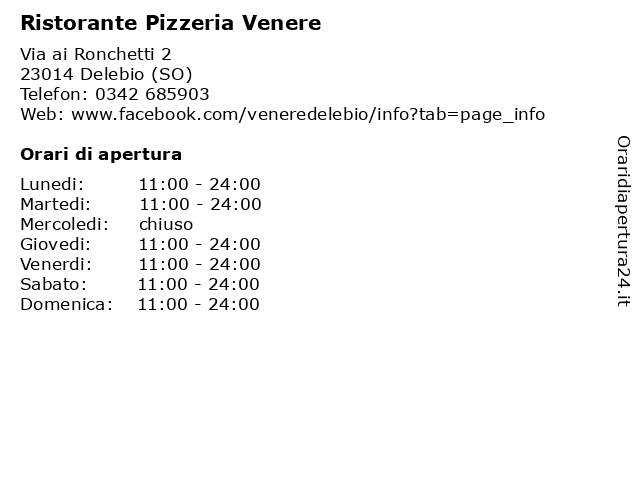Ristorante Pizzeria Venere a Delebio (SO): indirizzo e orari di apertura
