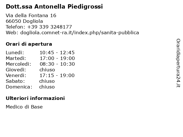 Dott.ssa Antonella Piedigrossi a Dogliola: indirizzo e orari di apertura
