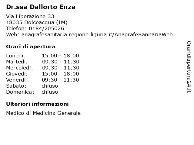 Dr.ssa Dallorto Enza a Dolceacqua (IM): indirizzo e orari di apertura