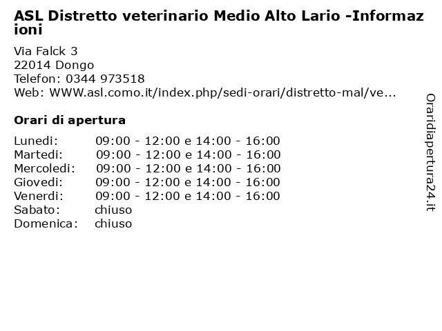 ASL Distretto veterinario Medio Alto Lario -Informazioni a Dongo: indirizzo e orari di apertura