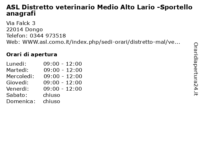 ASL Distretto veterinario Medio Alto Lario -Sportello anagrafi a Dongo: indirizzo e orari di apertura