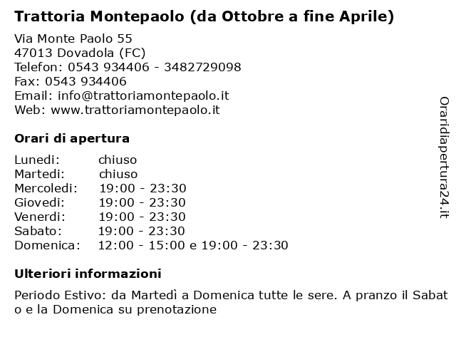 Trattoria Montepaolo (da Ottobre a fine Aprile) a Dovadola (FC): indirizzo e orari di apertura