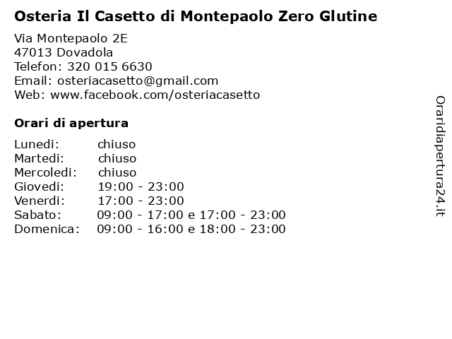 Osteria Il Casetto di Montepaolo Zero Glutine a Dovadola: indirizzo e orari di apertura