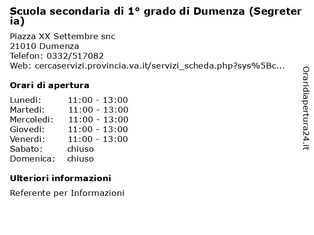 Scuola secondaria di 1° grado di Dumenza (Segreteria) a Dumenza: indirizzo e orari di apertura