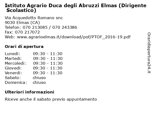 Istituto Agrario Duca degli Abruzzi Elmas (Dirigente Scolastico) a Elmas (CA): indirizzo e orari di apertura