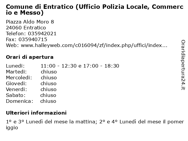 Comune di Entratico (Ufficio Polizia Locale, Commercio e Messo) a Entratico: indirizzo e orari di apertura