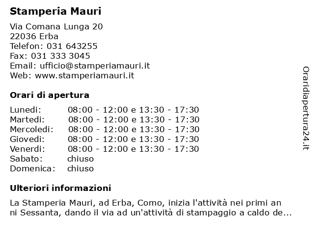 Stamperia Mauri a Erba: indirizzo e orari di apertura