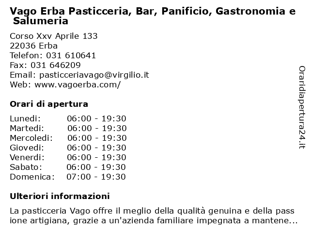 Vago Erba Pasticceria, Bar, Panificio, Gastronomia e Salumeria a Erba: indirizzo e orari di apertura