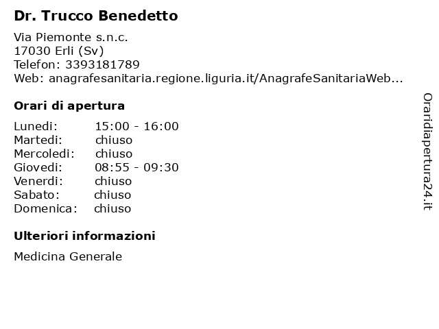Dr. Trucco Benedetto a Erli (Sv): indirizzo e orari di apertura