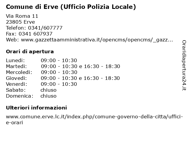 Comune di Erve (Ufficio Polizia Locale) a Erve: indirizzo e orari di apertura