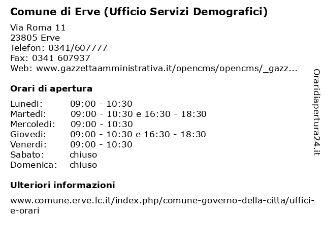 Comune di Erve (Ufficio Servizi Demografici) a Erve: indirizzo e orari di apertura