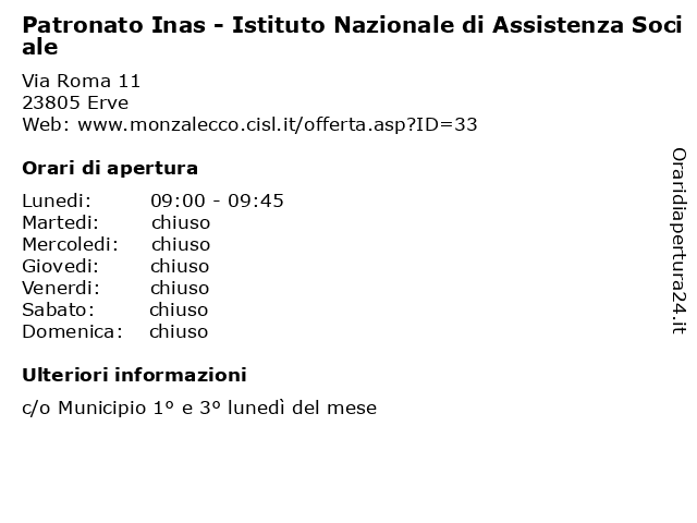 Patronato Inas - Istituto Nazionale di Assistenza Sociale a Erve: indirizzo e orari di apertura