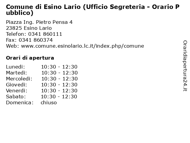 Comune di Esino Lario (Ufficio Segreteria - Orario Pubblico) a Esino Lario: indirizzo e orari di apertura