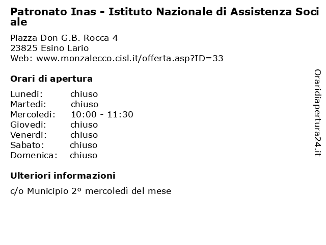Patronato Inas - Istituto Nazionale di Assistenza Sociale a Esino Lario: indirizzo e orari di apertura