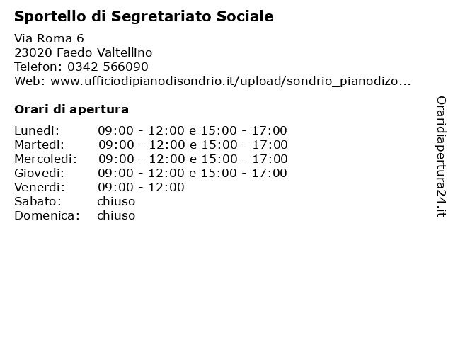 Sportello di Segretariato Sociale a Faedo Valtellino: indirizzo e orari di apertura