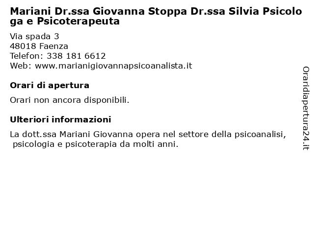 Mariani Dr.ssa Giovanna Stoppa Dr.ssa Silvia Psicologa e Psicoterapeuta a Faenza: indirizzo e orari di apertura